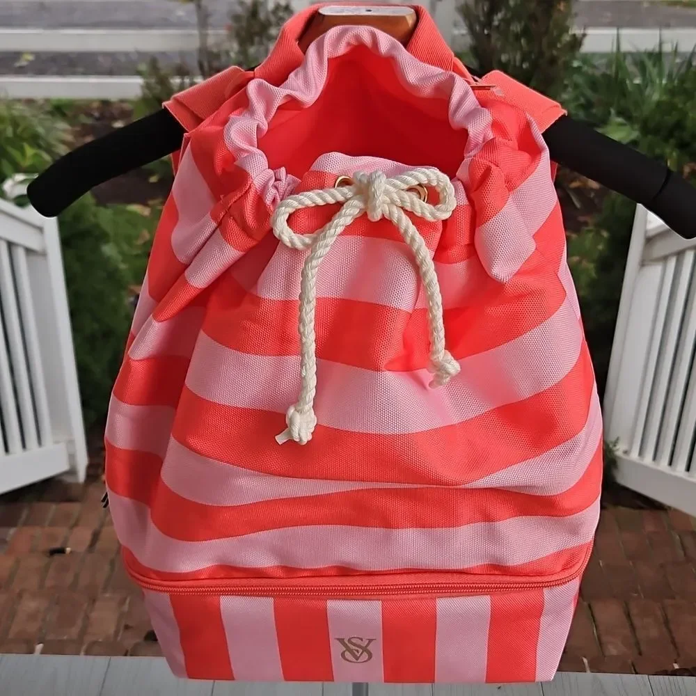 Victoria's Secret Pink Coral Stripe ULTIMATE BEACH BAG Backpack & Cooler 2n1 NEW